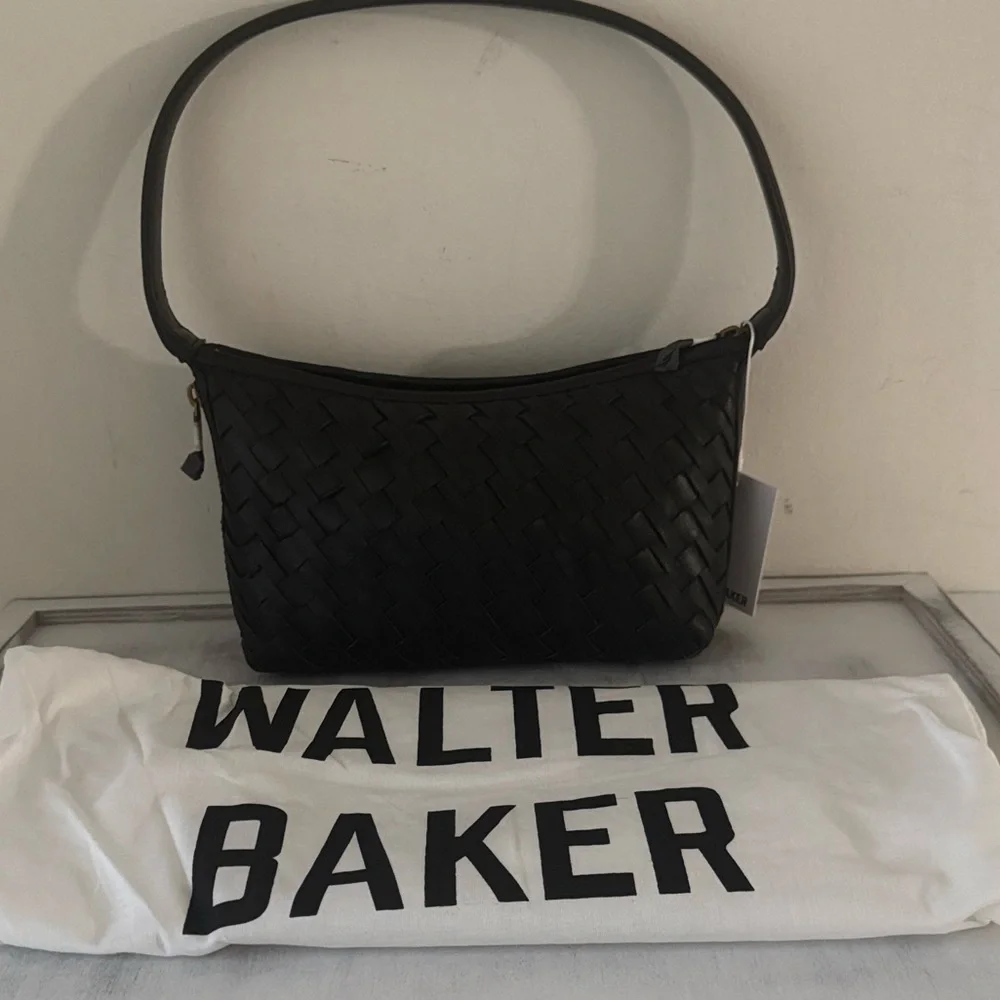WALTER BAKER Leather Hazel Hand Woven Shoulder Bag Black